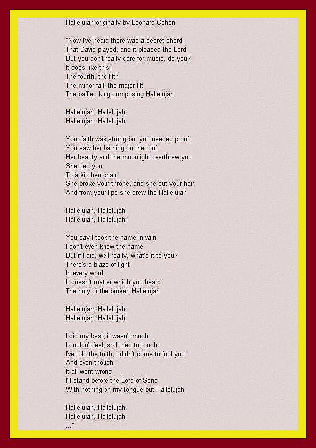 for lyrics song hallelujah studio   Leonard YouTube Hallelujah version)  Cohen (original Lyrics